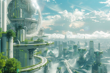 An imagined city of the future, with intricate spherical structures and eco-friendly skyscrapers intertwined by skybridges amidst flying vehicles. - obrazy, fototapety, plakaty