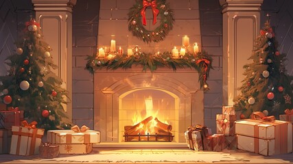 クリスマスの飾り付けをした暖炉_2 - obrazy, fototapety, plakaty