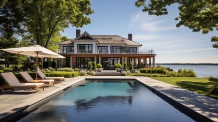 Fototapeta na wymiar Mediterranean inspired villa with a sprawling garden and a private beach access in the exclusive Hamptons, New York