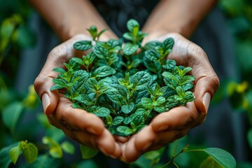 Close-up vibrant image of hands nurturing a bundle of fresh, green peppermint leaves symbolizing care and nature - Powered by Adobe