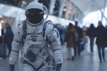 A man in a white space suit walks through a crowded area