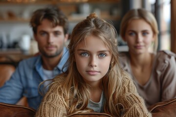 Obraz premium Focused portrait of a young girl with a serene expression against a background of her family in soft focus
