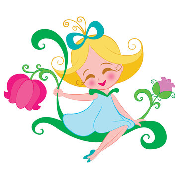 Raster simple children's illustration little cute pretty stylized fairy sitting on a decorative branch with leaves, flowers on a white background for postcards, textiles, goods for children.
