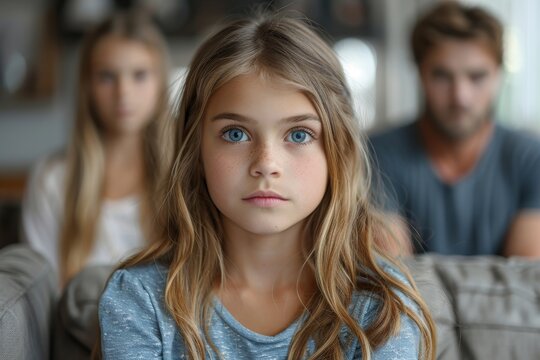 An up-close portrait of a young girl with stunning blue eyes, with her family softly blurred in the background
