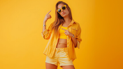 Beautiful young woman in sunglasses, yellow linen shirt and shorts standing, pointing to the side and talking. Full length studio shot. High detailed,high resolution,realistic and high quality photo