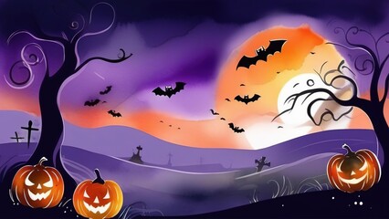 Pumpkin zombie in the cemetery in a creepy scary dark night, bats in the full moon. Halloween banner background concept.