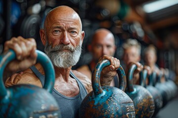 A senior man with a beard is training in a gym with kettlebells, focus on determination - obrazy, fototapety, plakaty