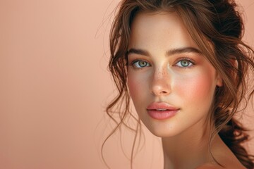 A young woman with stunning blue eyes and natural makeup gazes at the camera on a soft pink background