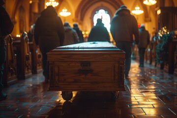 A solemn image showing a wooden coffin in the aisle of a church during a funeral service, symbolizing loss and remembrance