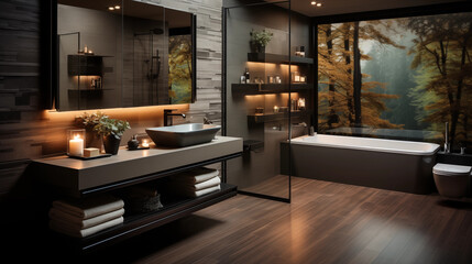 Salle de bain moderne et élégante. Baignoire, architecture, plante, déco, luxe. Arrière-plan pour conception et création graphique.