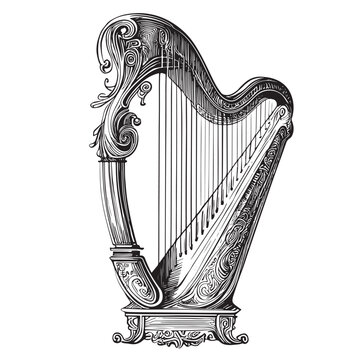 Musical harp hand drawn sketch. Music concept vector illustration