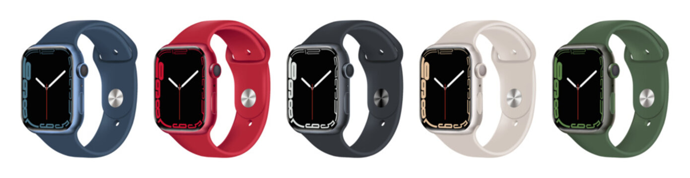 Set of Apple Watch 7 Series, in sideway, in official colors, on transparent background. Realistic vector illustration