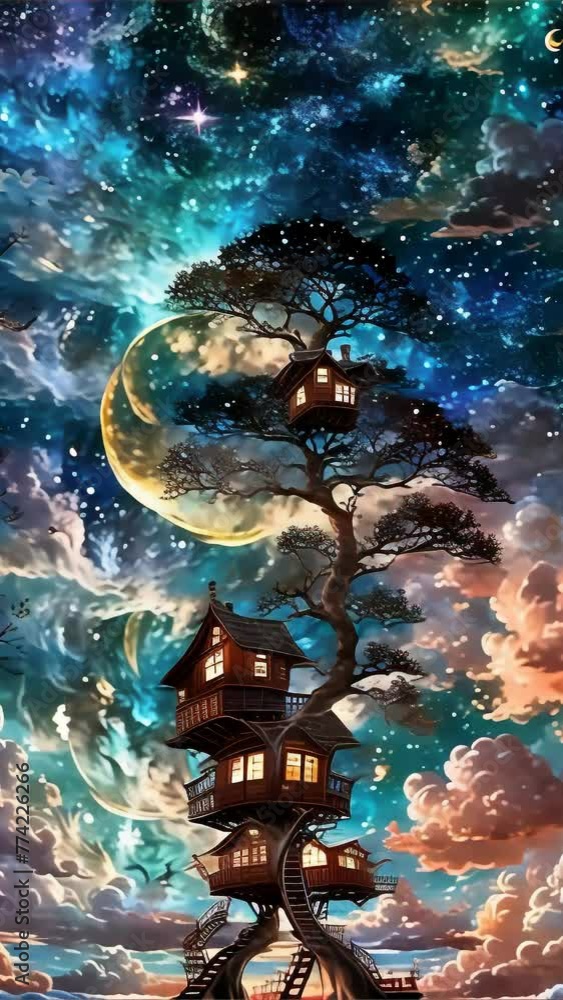 Poster a whimsical treehouse ascends into a starry sky, merging with cosmic elements and a crescent moon in