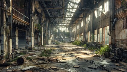 A large, empty warehouse with a lot of rust and graffiti on the walls by AI generated image - obrazy, fototapety, plakaty