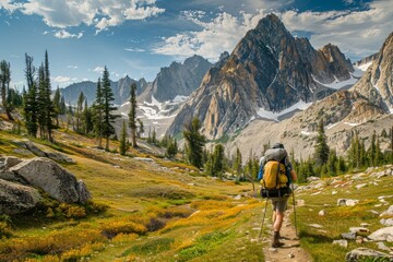 A man steadily hikes up a trail in the mountains, surrounded by towering peaks and vast wilderness - obrazy, fototapety, plakaty