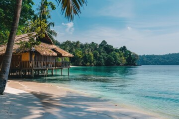 Scenic Beach Hut on a Tropical Island with Palm Trees and Crystal Clear Blue Waters, Ideal Getaway Destination for Relaxation and Tranquility