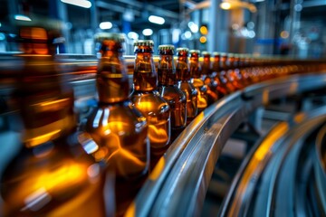 Row of beer bottles moving on a conveyor belt in an industrial bottling line setup - Powered by Adobe