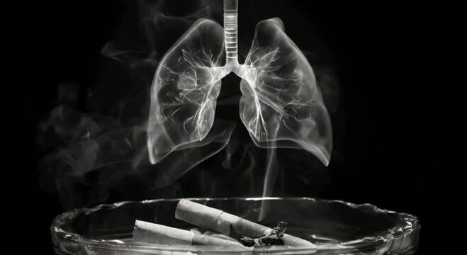 The smoke from the cigarettes is rising up and forming the shape of lungs, which are becoming increasingly transparent and damaged - smoking cigarette on black background