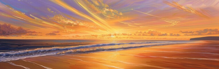 Fototapeta na wymiar A Painting of a Sunset Over the Ocean