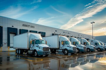 A lineup of semi trucks stationed in front of a warehouse as drivers load and unload cargo for distribution