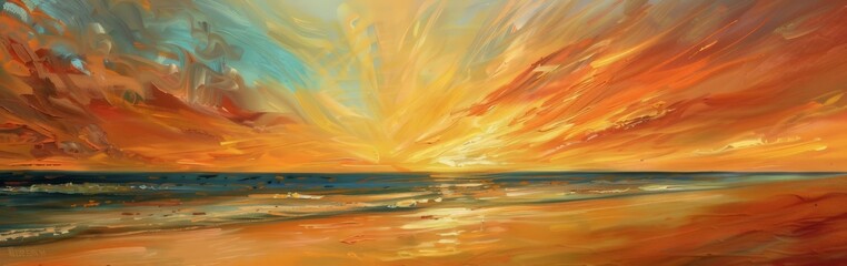 A Painting of a Sunset Over the Ocean - obrazy, fototapety, plakaty