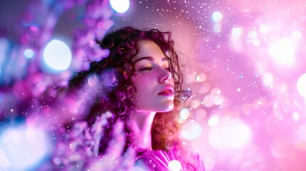 Whimsical Woman Amidst Pink Stardust