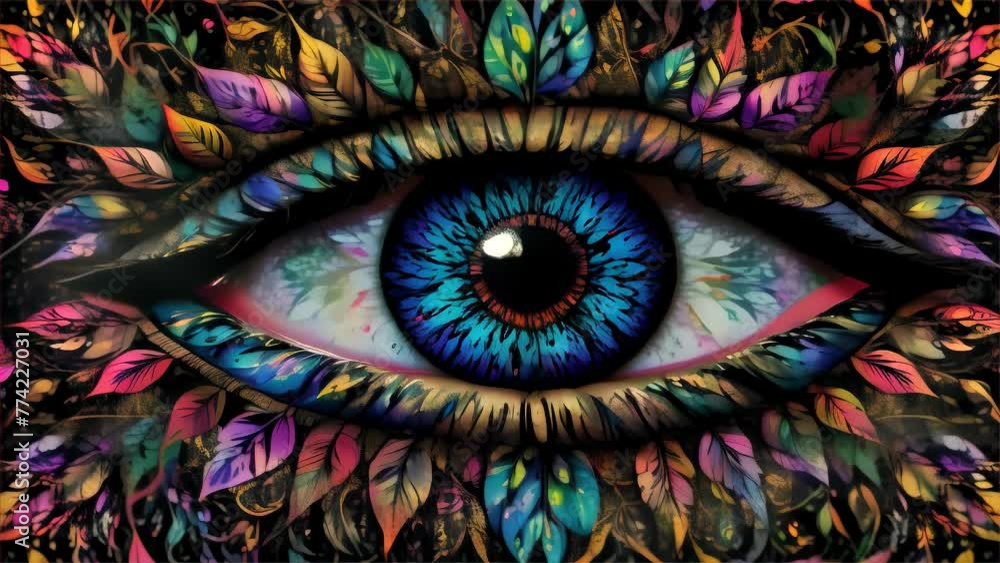 Poster a detailed eye adorned with a kaleidoscope of feather-like patterns, representing perception and the