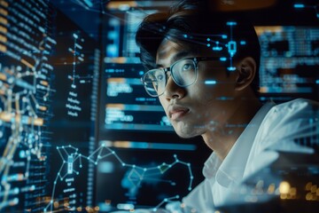 A man wearing glasses focused on coding and testing machine learning algorithms on a computer screen - obrazy, fototapety, plakaty