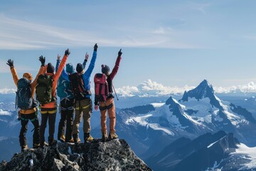 A group of hikers celebrating their achievement on the summit of a mountain, standing with arms raised in triumph