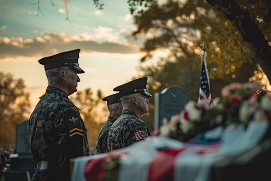 Two men standing side by side in front of a flag, showing respect and honor. Likely a military tribute or ceremony