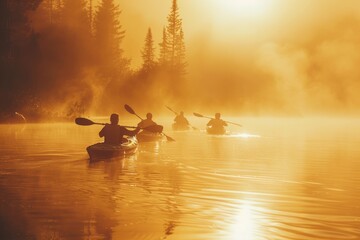 A group of people are paddling in kayaks on a lake, with the golden light of sunrise reflecting off...