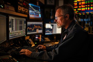 A stock trader focused on analyzing stock charts on multiple screens displayed on a computer monitor