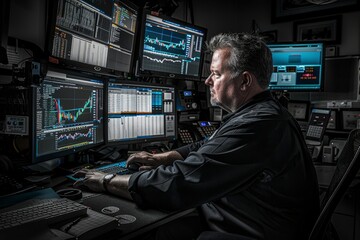 A man sitting at a desk in front of multiple computer monitors, analyzing stock charts as a trader at work