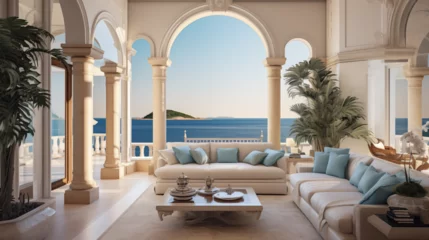 Fototapeten Maison d'architecture moderne, villa de luxe avec balcon vue sur la mer. Maison de style Méditerranée. Arrière-plan pour conception et création graphique. © FlyStun