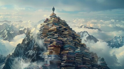 Climbing a mountain of books - obrazy, fototapety, plakaty