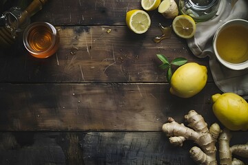 Ginger, lemons and tea on a wooden background. Banner with space for your text.