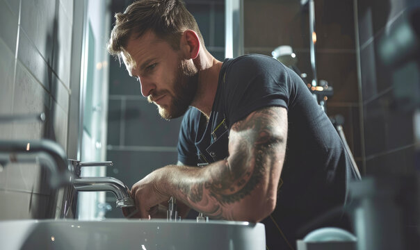 A plumber working in a bathroom