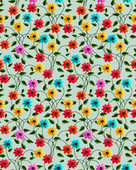 colorful vines flower pattern with light olive green.