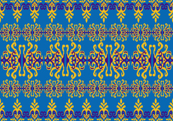 24040205 Ethnic seamless pattern ikat embroidery on blue background