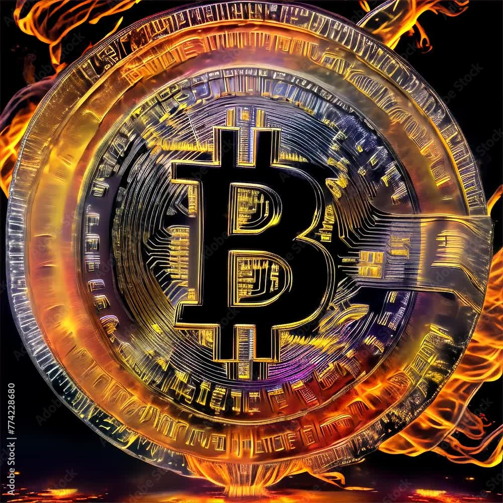 Poster a vibrant image of a bitcoin emblem engulfed in dynamic flames, symbolizing the volatility and energ