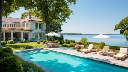 Fototapeta premium Mediterranean inspired villa with a sprawling garden and a private beach access in the exclusive Hamptons, New York