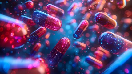An abstract representation of numerous capsules suspended in mid-air. The capsules, varying in sizes and orientations, are of two distinct colors: dark blue and red