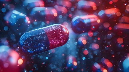 An abstract representation of numerous capsules suspended in mid-air. The capsules, varying in sizes and orientations, are of two distinct colors: dark blue and red - obrazy, fototapety, plakaty