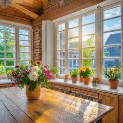 windows and flowers in kitchen