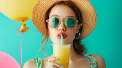 Fashion pretty young woman wearing a straw hat, sunglasses with air balloon drinks fruit juice from cup over colorful on teal color background professional photography