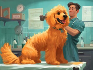A groomer blow-drying a fluffy dog's coat after a bath in a grooming salon