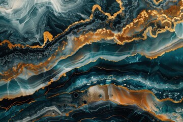 Abstract marble pattern with dark teal and gold colors, featuring swirling patterns of black veins,...