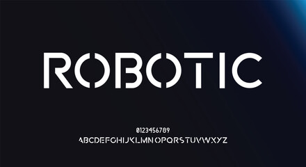 Robotic stencil san serif, alphabet, uppercase letters, typography. Vector illustration.