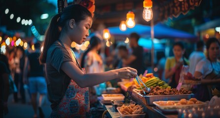 Lively atmosphere of an urban night market, with vendors selling street food, crafts, and glowing lights inviting exploration and discovery.