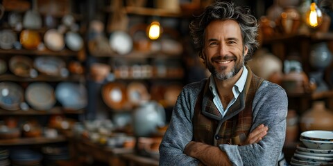 Obraz premium Shop owner delightedly receives glowing online feedback from a contented customer at a pottery shop. Concept Pottery shop, Online feedback, Satisfied customer, Delighted shop owner, Glowing review